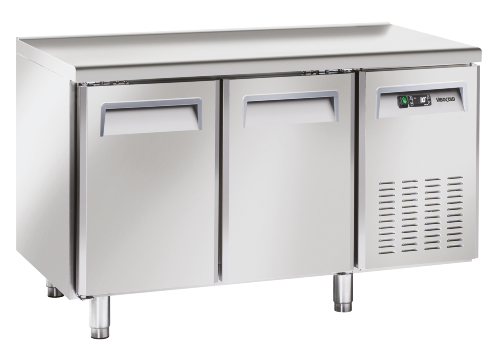 Compact cooler counter with two self-closing doors.